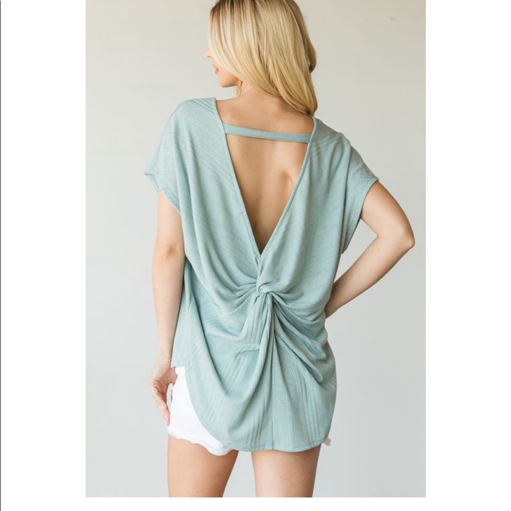 Blue Sage Open Back Ribbed Short Sleeve Top